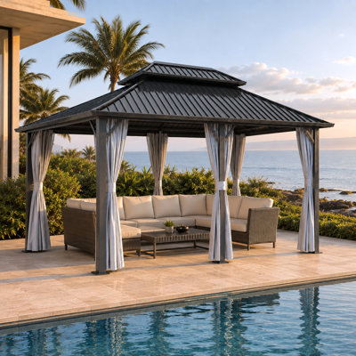 Pavillon de jardin d'extérieur 12 pi x 16 pi avec double toit en acier galvanisé, moustiquaire et rideaux