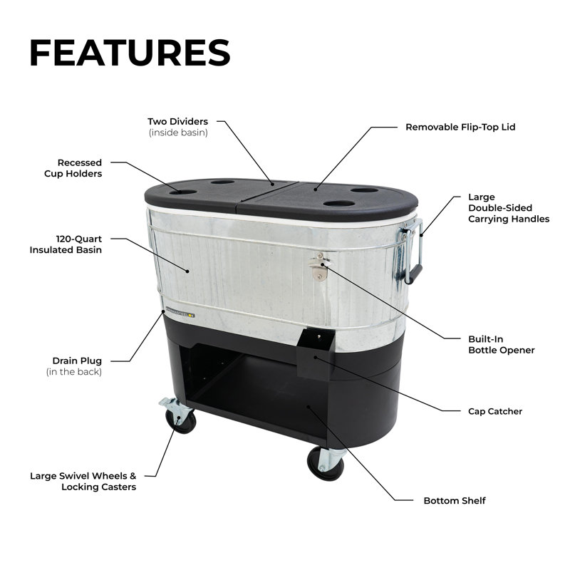 Permasteel 120-Qt Galvanized Steel Rolling Patio Cooler with Wheels