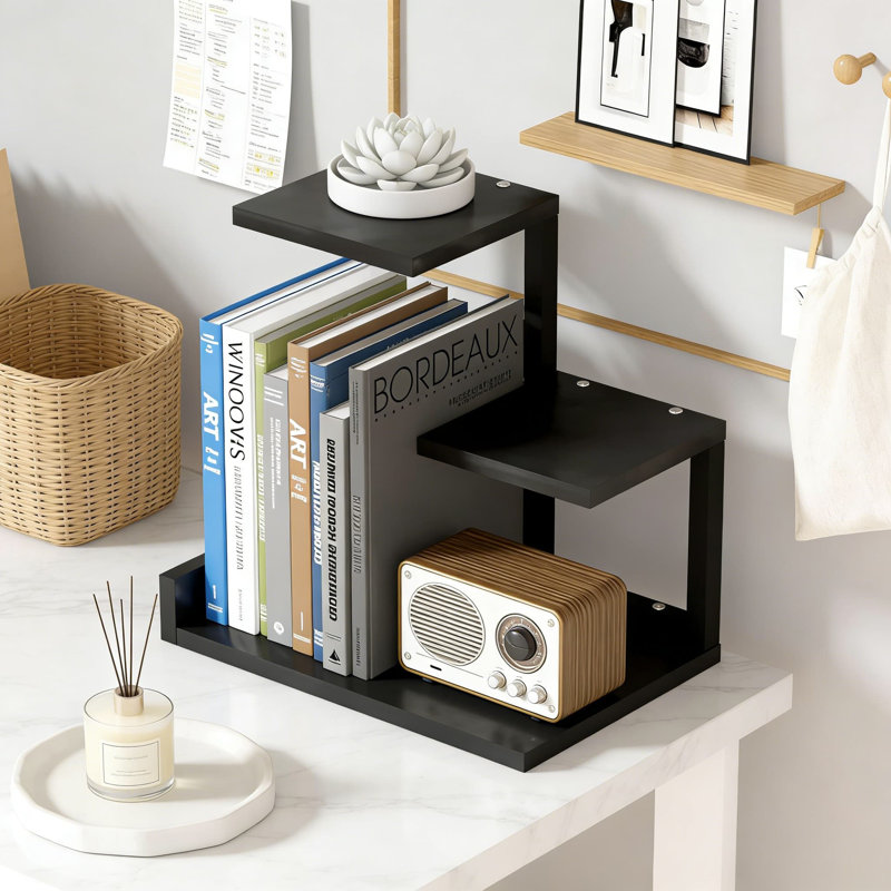 Étagère de bureau à 3 niveaux avec structure en métal et tablettes en bois, support de rangement autoportant pour livres, fournitures de bureau, plantes et décor