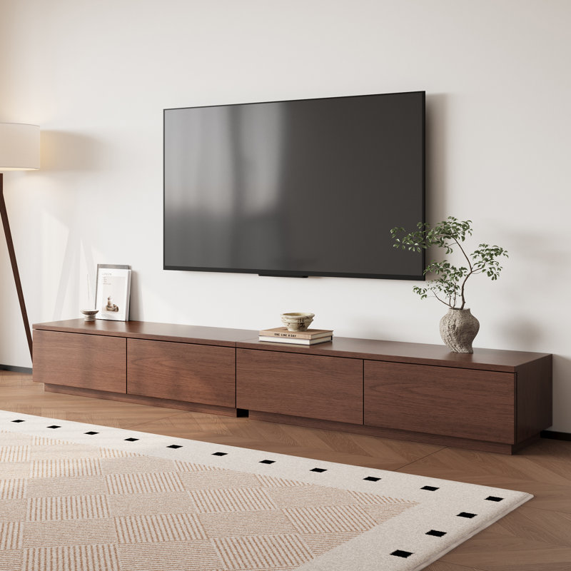 94.5" Mid Century Modern TV Stands,Brown Solid Wood Media Console with 4 Drawers, 13.78"H x 94.49"L x 15.75"W