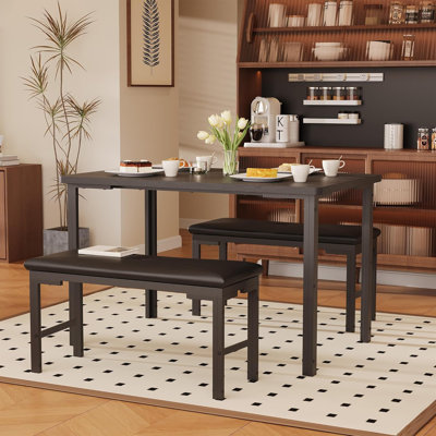 Space-Saving 3-Piece Dining Table Set for 4, Modern Rectangular Kitchen Furniture with 2 Upholstered Benches
