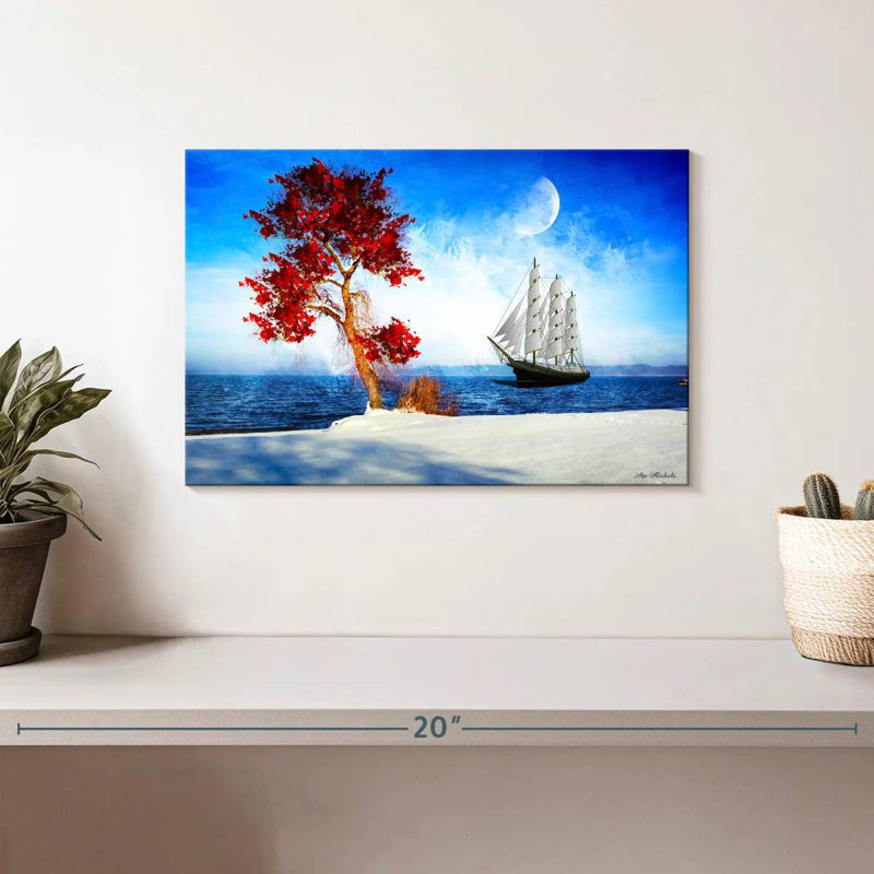 Arbre rouge Mehar et bateau, H 8 po x l 12 po