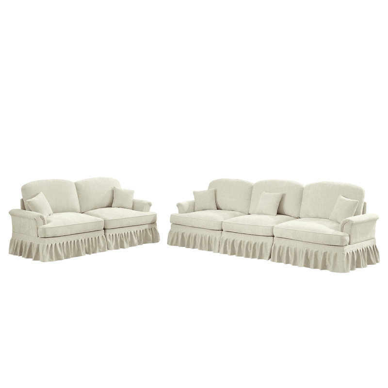 Beige blanc 3 places et 2 places, conception modulaire classique avec accoudoirs évasés, jupes amovibles, pieds fuselés, chenille, formats multiples disponibles en blanc, canapé pour aménagement de salon doux