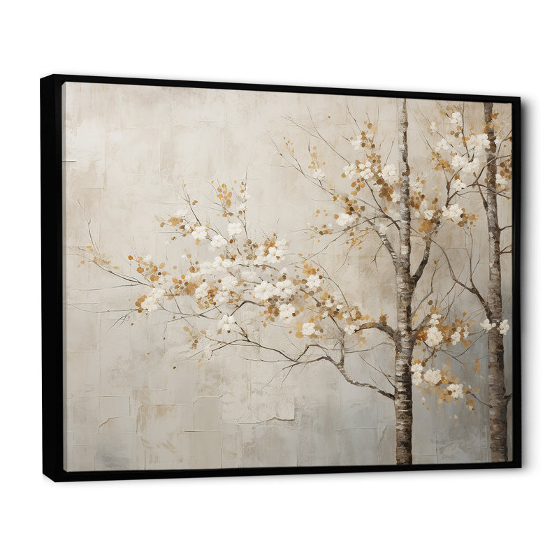 Harmonisation des arbres beiges III sur toile, Cadre flottant noir, H 34 po x l 44 po x P 1,5 po