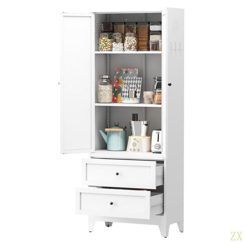 Armoire de rangement 72 po avec 2 tiroirs, armoire de cuisine autoportante avec tablettes réglables, organisateur robuste pour les épices, vaisselle, petits électroménagers de cuisine, garde-manger, salle à manger
