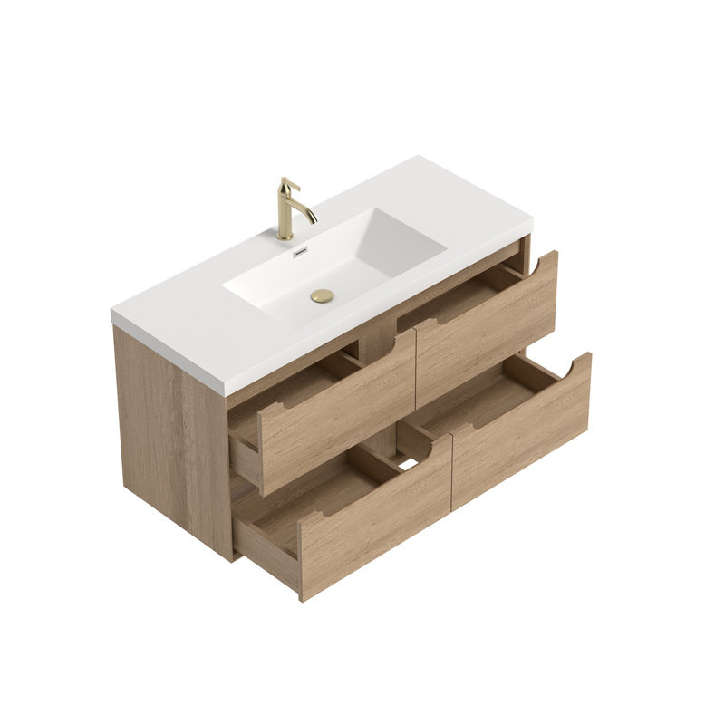 Meuble-lavabo mural simple moderne de 122 cm (48 po) au fini chêne naturel et lavabo intégrée., 48