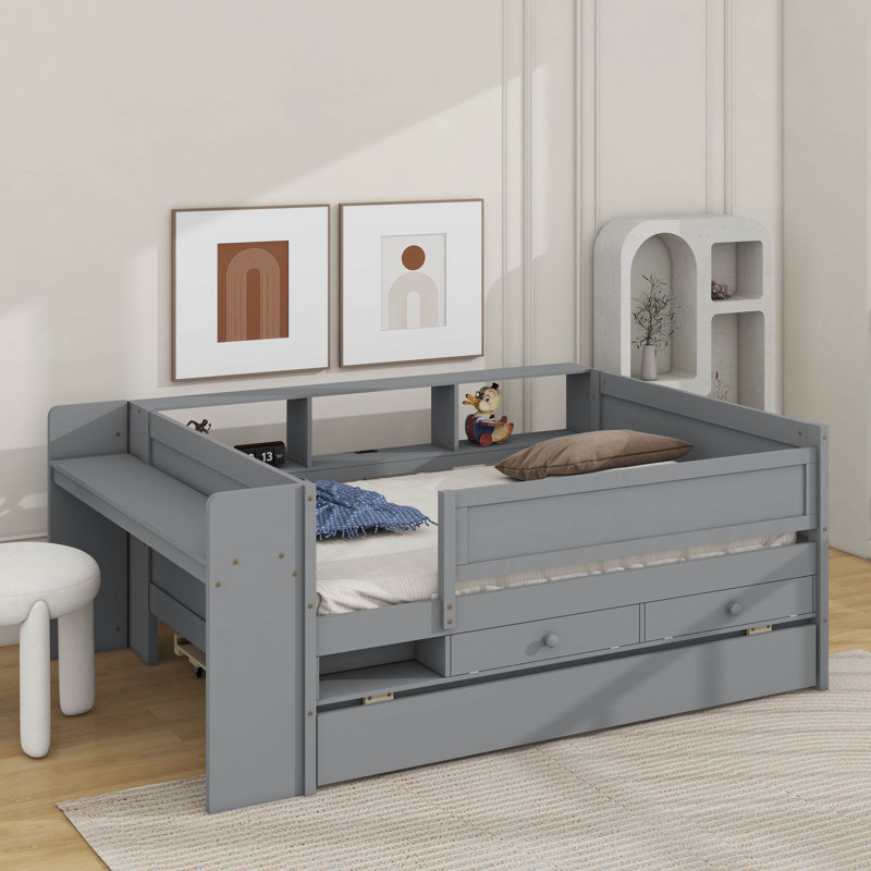 Multi-Functional Twin Daybed With Trundle, Tables And USB Charging Station, Gray