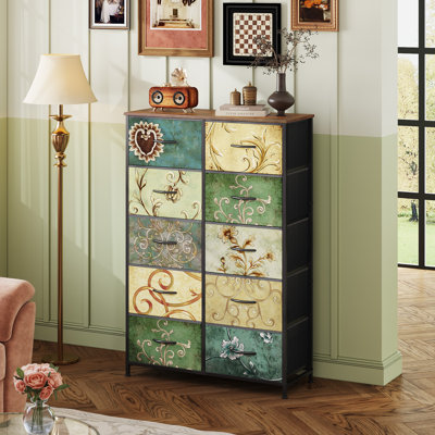 Commode 10 tiroirs pour chambre à coucher Cecilla, commode haute pour rangement avec dessus Woonden, structure robuste, commode double pour le salon, placard, couloir