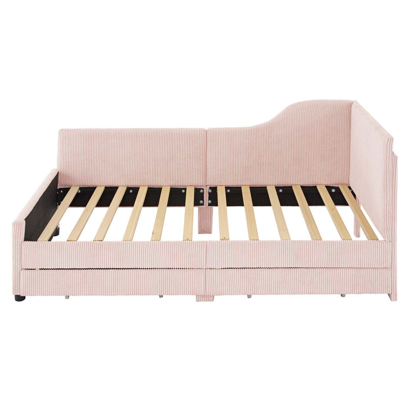 L-Shaped Upholstered Daybed With 2 Storage Drawers, Pink