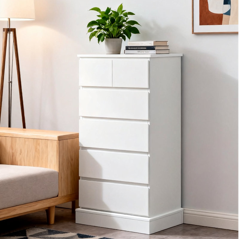Commode haute 6 tiroirs, armoire de rangement moderne sans poignée avec ensemble anti-basculement pour chambre à coucher et salon