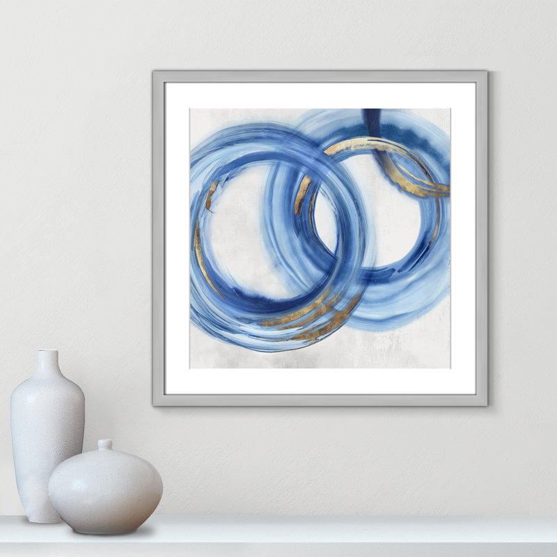 «Blue Cosmic Cascade I» par Emma Peal, H 23,5 po x l 23,5 po x P 1,25 po, Oui, Papier avec cadre simple argenté