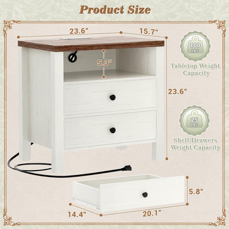 Table de chevet 23,6 po avec station de charge, ensemble de 2, Blanc et brun