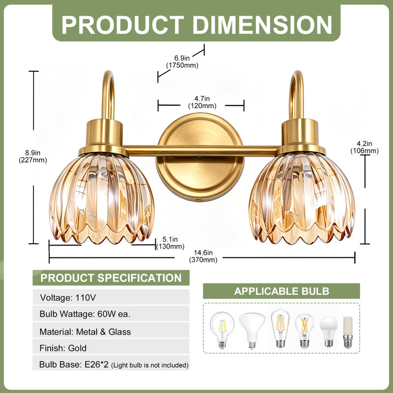 15in Traditional 2 - Light Bathroom Vanity Light