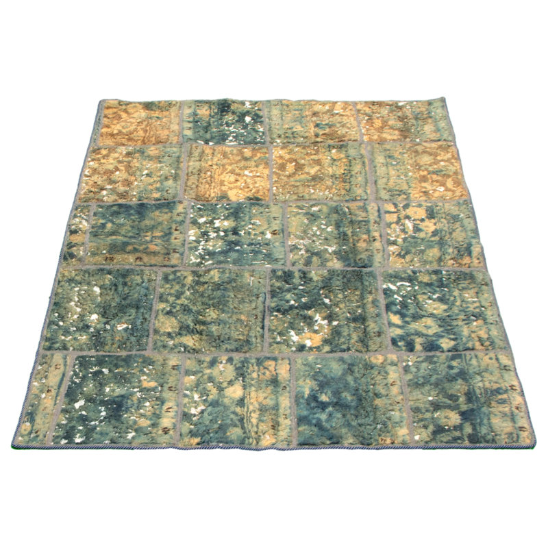Tapis décoratif en laine de conception unique noué à la main vert/orange 4 pi 9 po x 6 pi 11 po