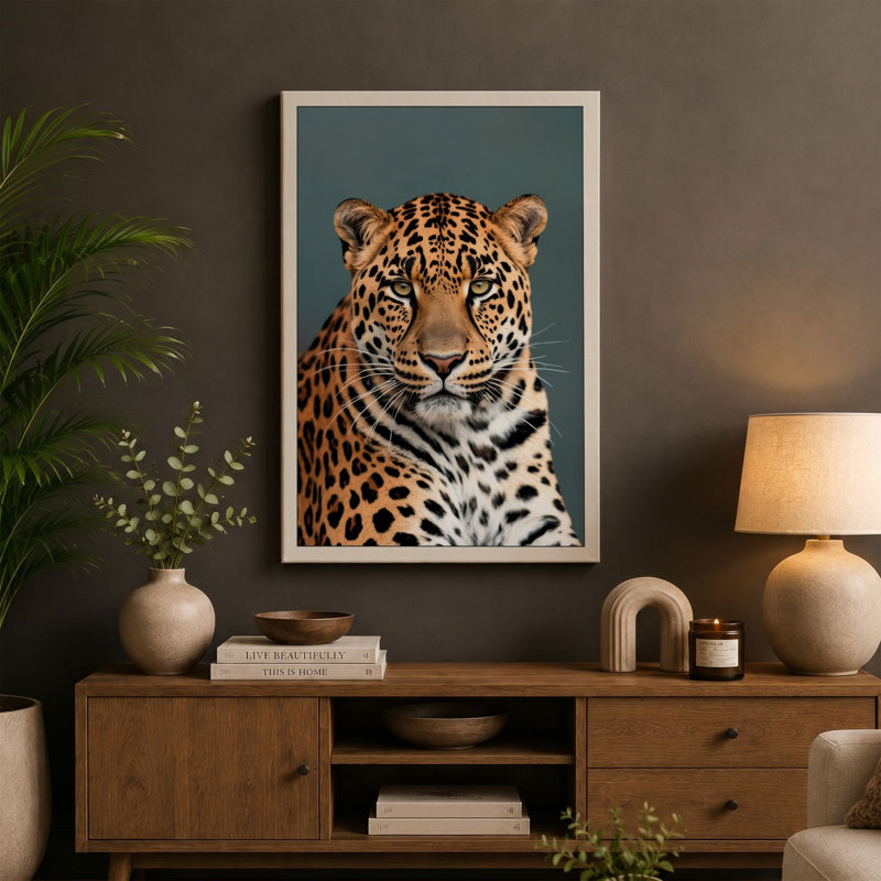 Leopard Portrait Modern 1 Piece Wrapped Canvas Wall Art, 30x20 - 76.2 x 50.8 cm, Ochre Border