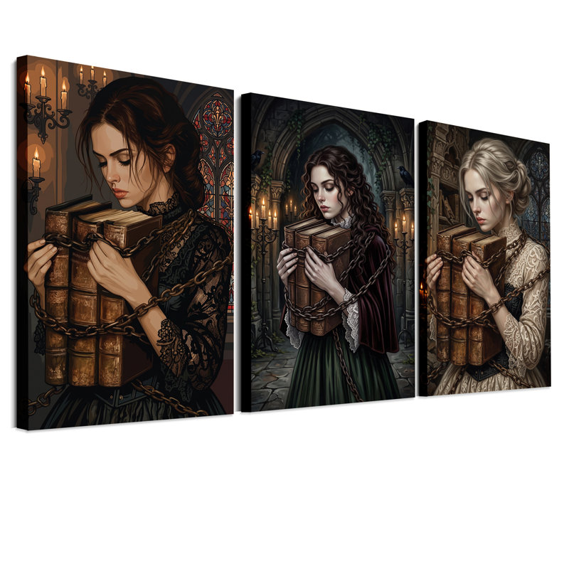 Ensemble de 3 toiles murales représentant trois femmes tenant des livres enchaînés, idéal pour Halloween., 24"H x 16"W x 3pcs