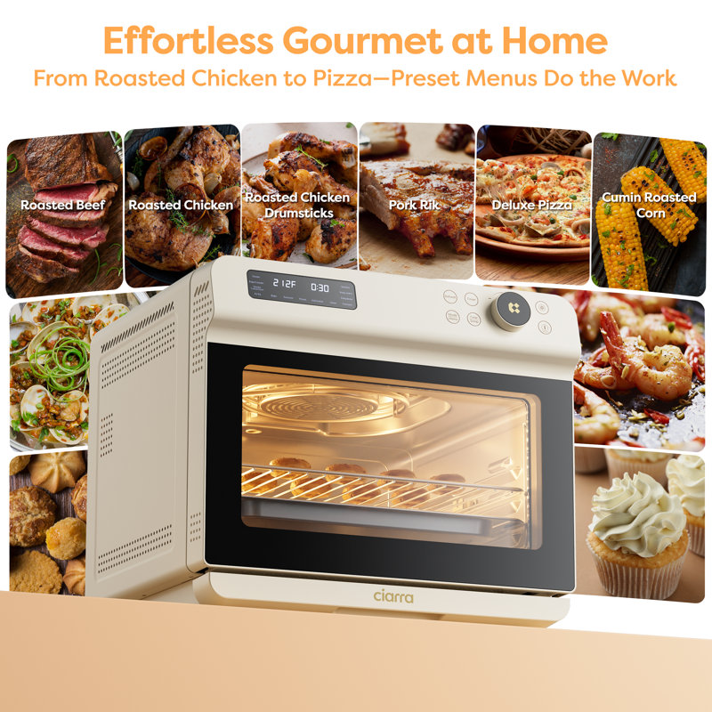 Four grille-pain à frire à air pulsé 1200 W 12-en-1 CIARRA, four à convection de 25,4 pte avec autonettoyant, contrôle tactile numérique, convient à la pizza et au poulet entier de 12 po, acier inoxydable blanc
