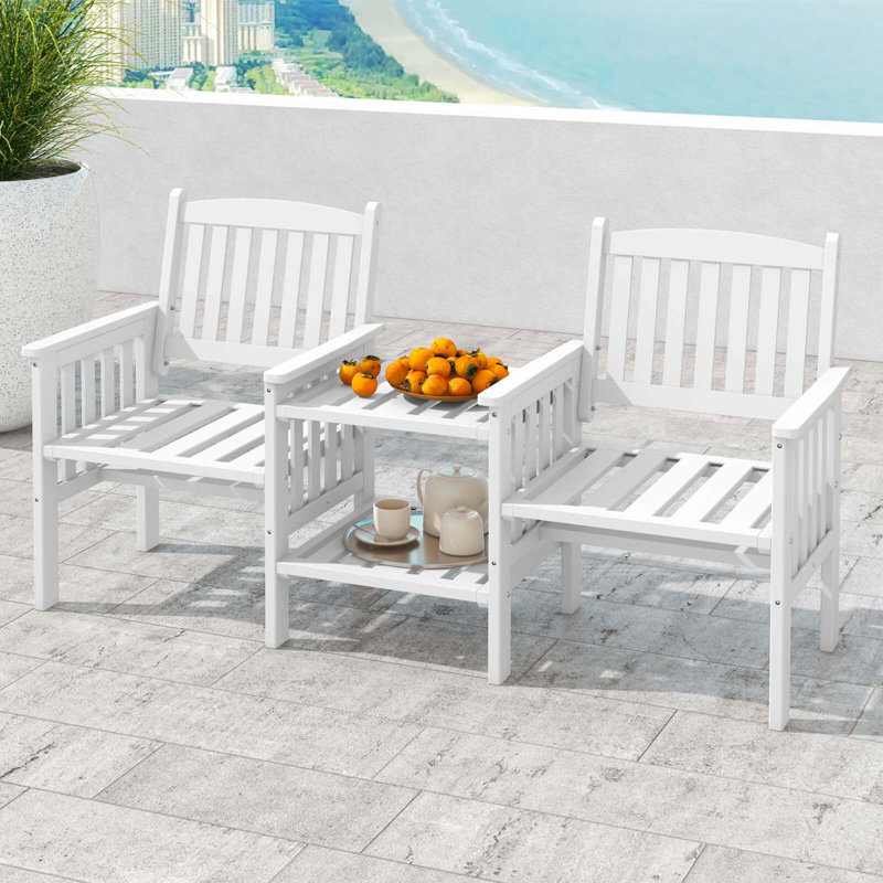 Outdoor Fir Wood Loveseat With 2-tier Side Table And 1.96" Umbrella Hole, White