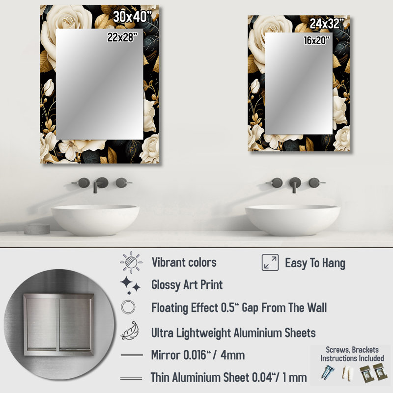 Elegant Beige Rose Harmony - miroir mural décoratif floral, miroir de chalet, impression d'art en métal, 32 po x 24 po
