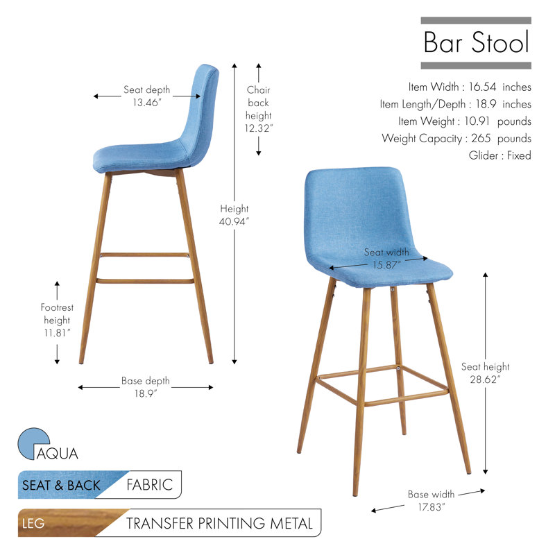 Upholstered Counter Stool with Metal Frame, Aqua Blue