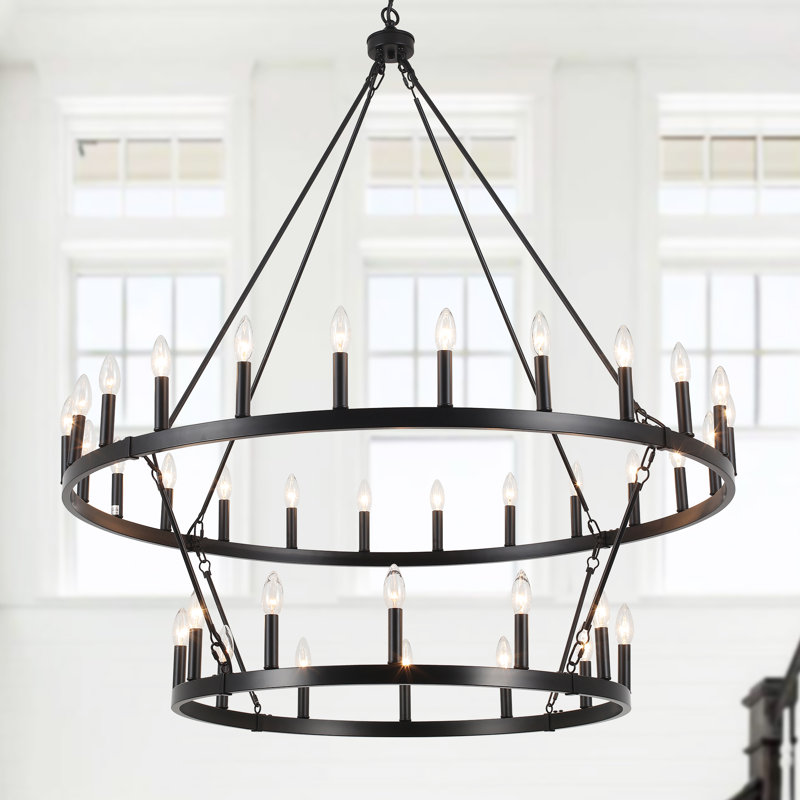 Bralen  36 - Light 2-Tiers Large Dimmable Wagon Wheel Chandelier Farmhouse Round Vintage Candle Style Dining Room Chandelier