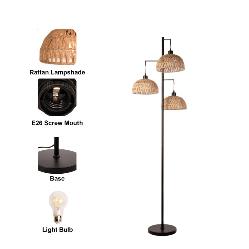 Lampe sur pied en rotin bohémien - Lampe sur pied réglable avec abat-jour rond en cage