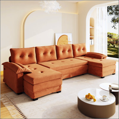 109.5 Inch U-Shaped Sleeper Sofa with Pull Out Bed, 2-in-1 Convertible Couch with Removable Armrests and USB Ports, Oversized Sectional for Living Room and Apartment