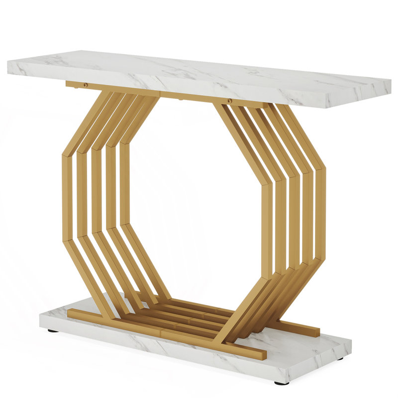 Console Table, Faux Marble Entryway Narrow Sofa Table With Geometric Metal Base, Behind Couch Table