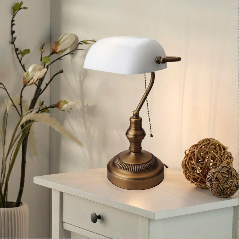 Kandace Antique Vintage Bronze Sleek White Glass Shade Bankers Table Lamp With Pull Switch For Living Room, White