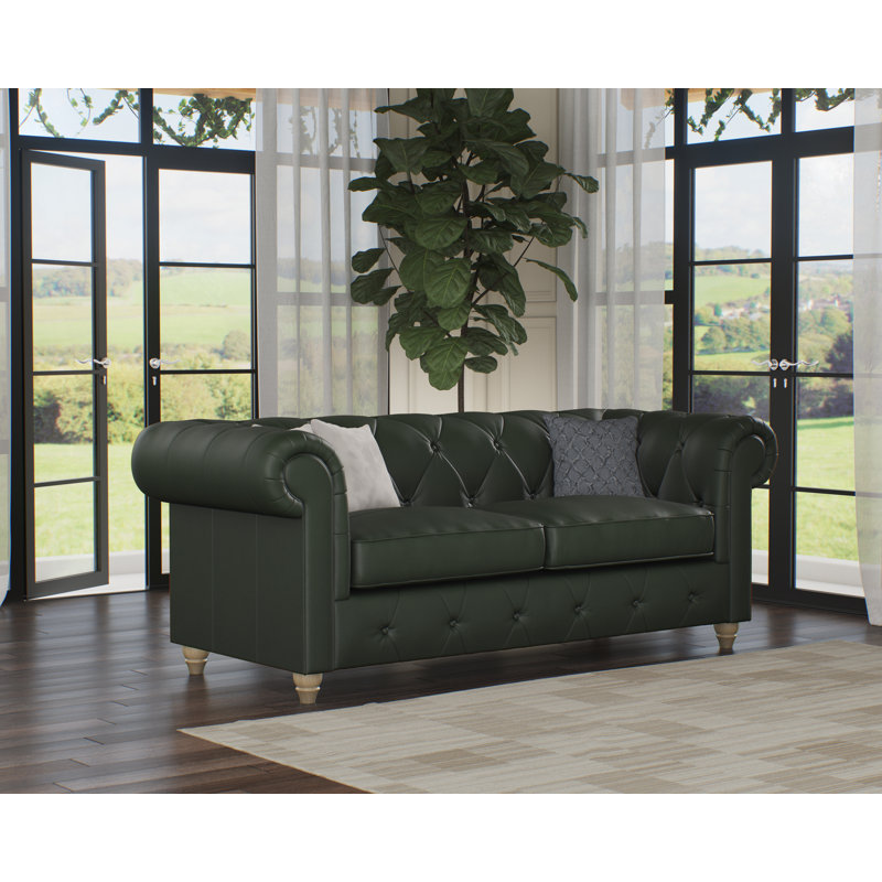 Melrose 3 Seater Leather Sofa, Hunter Green, Washed Oak