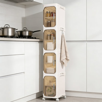 4-Tier Slim Foldable Bathroom Storage Cabinet, Movable Organizer For Small Spaces, Cream White