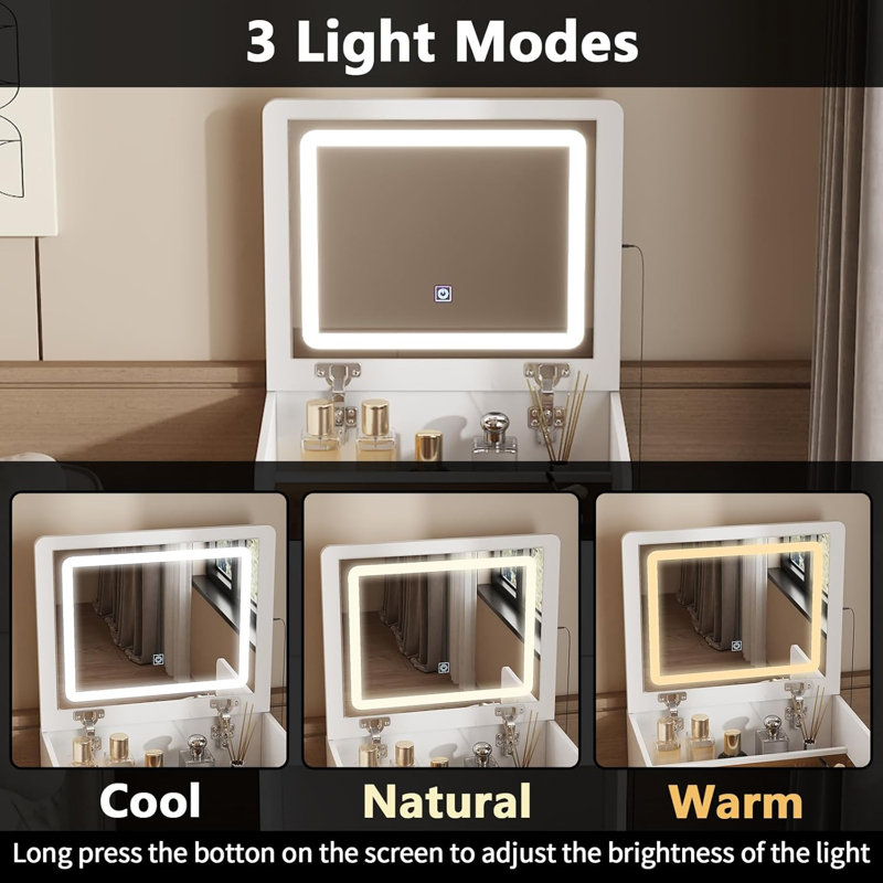 Compact Vanity Desk with LED Mirror, Glass Tabletop, 3 Drawers & Cushioned Stool White