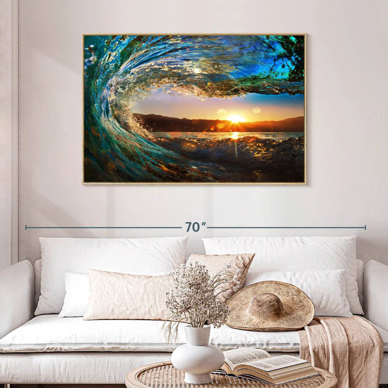 Vague d'océan, Cadre flottant en bois naturel, 46 po x 31 po