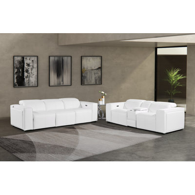 Top Grain Italian Leather Modular Power Triple Reclining Sofa & Loveseat Set With Power Headrests & Console