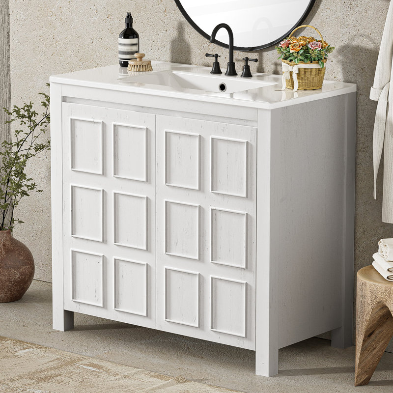 Meuble-lavabo de 36 po blanc antique avec lavabo en céramique, espace de rangement spacieux, attrait rustique et sensation de bon fonctionnement avec des compartiments spacieux, style rétro, processus d'assemblage simple
