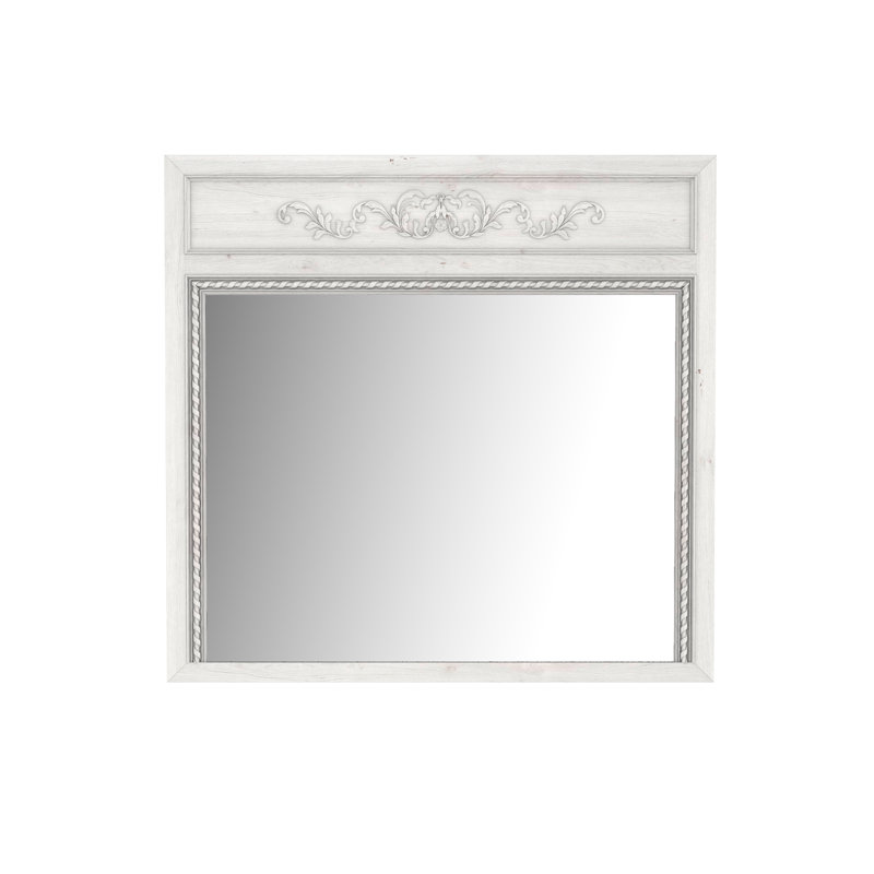 White Rectangular Transitional Wood Mirror with Carved Floral Accent