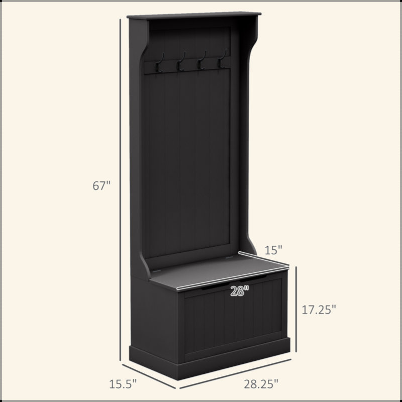 28" 3-In-1 Entryway Hall Tree With Storage Bench, Coat Rack With Four Hooks And Shoe Storage