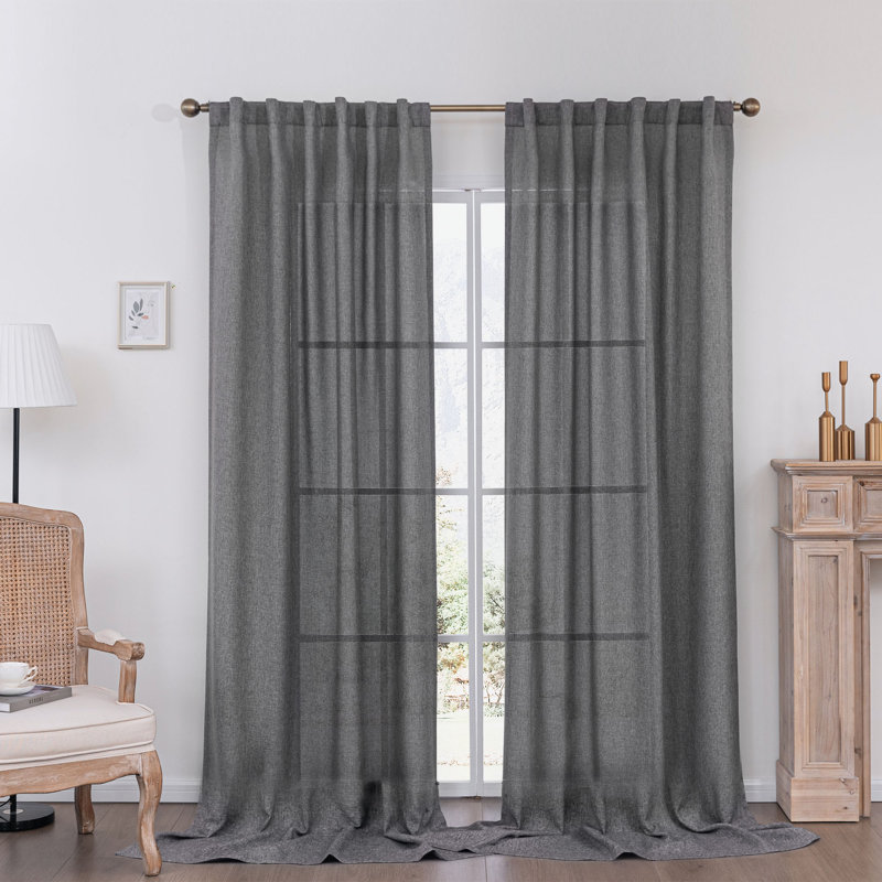 Dabachi Linen Textured Semi-Sheer Back Tab Curtain Pair, 52" W x 108" L, Dark Gray