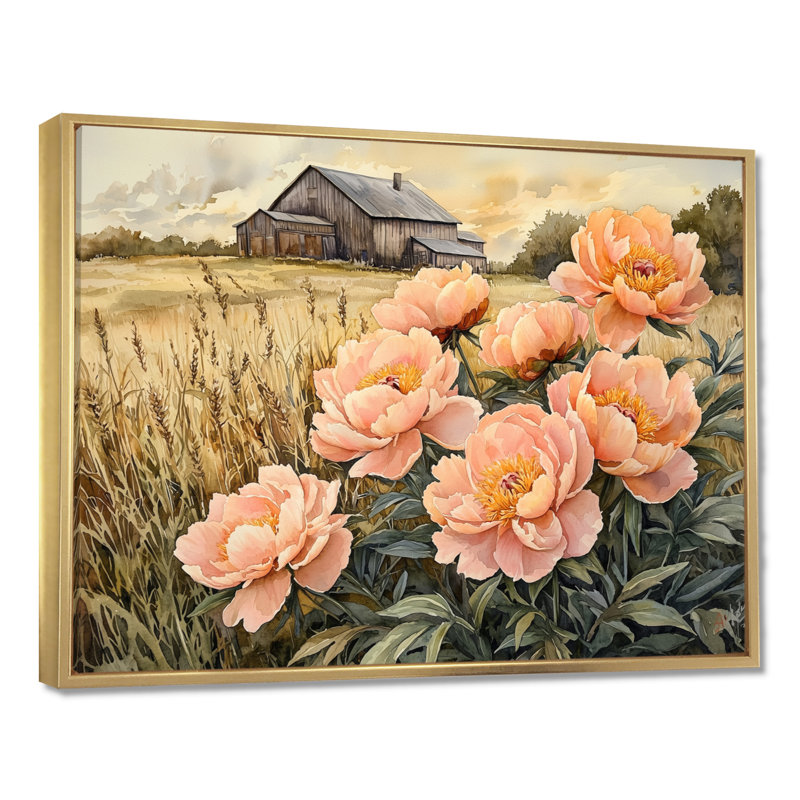 Dovil Farm, pivoines dans le bac à céréales IV - pivoines, art mural, Impression encadrée flottante, H 24 po x l 32 po, Doré