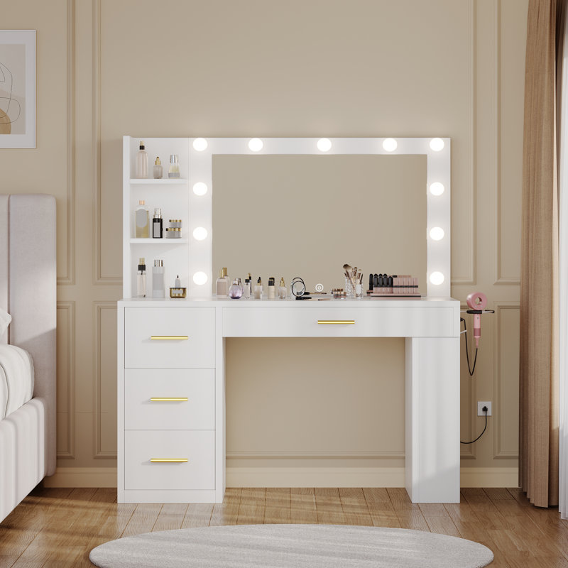  39.5" Makeup Vanity With Light Bulb And 4 Drawers, White