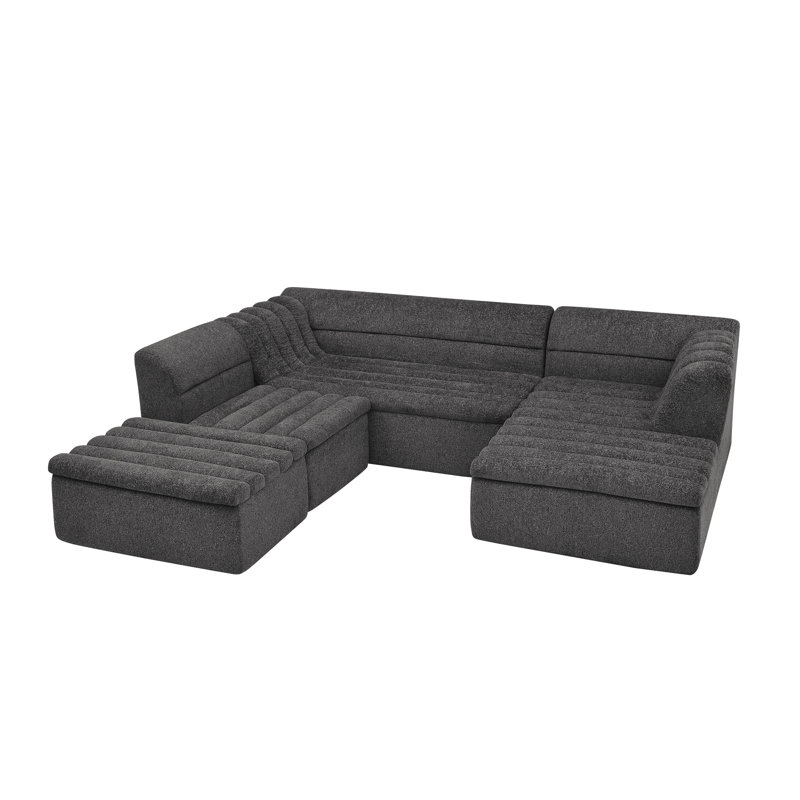 135" U-Shaped Modular Sectional Sofa With Chaise And Movable Ottoman For Living Room, Chenille Upholstered Boneless Couches With Wave-Shaped Armrest
