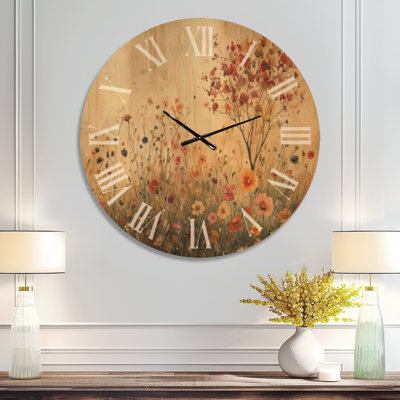 Oversized Floral Wood Wall Clock – Summer Wildflowers Meadow Horizon