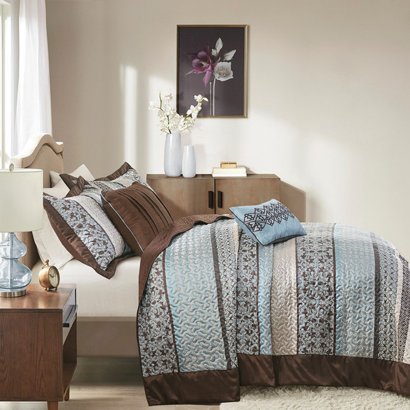 Ensemble de courtepointe 5 pièces jacquard avec coussins Blue King / Cal King