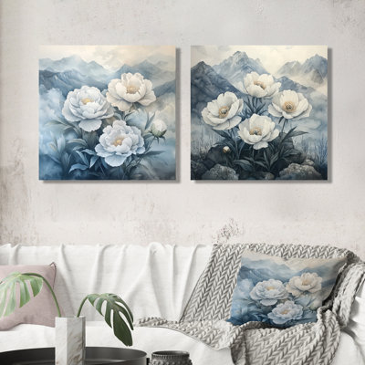 Pivoines dans les montagnes brumeuses I - Art mural pivoines - Art mural traditionnel pour le salon 2 pièces