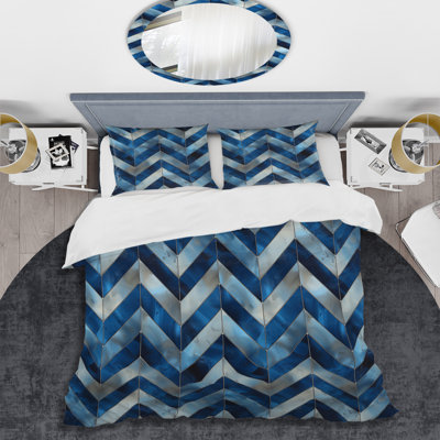 Blue Silver Chevron Print I - Modern Duvet Cover Set