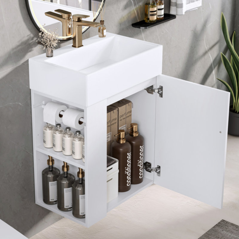 Meuble-lavabo de 20 po avec lavabo en céramique, porte à motif de losanges, poignées dorées et tablettes de rangement latérales - petit cabinet moderne avec barre à serviettes, fabrication en panneau de fibres à densité moyenne, assemblage requis