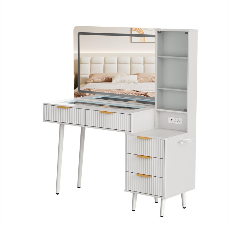Bureau de coiffeuse avec miroir, grande coiffeuse de l 48 po avec 5 tiroirs et tablettes de rangement ouvertes, coiffeuse pour la chambre
