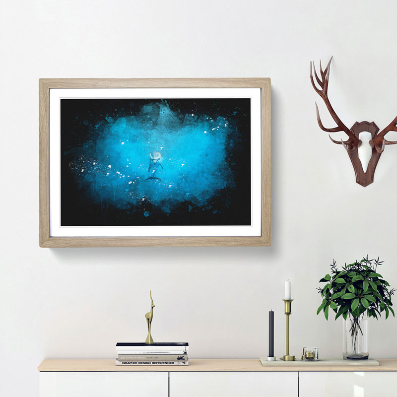 Lone Dolphin Paint Splash - Picture Frame Graphic Art, Oak Framed, 45cm H x 63cm W x 2cm D