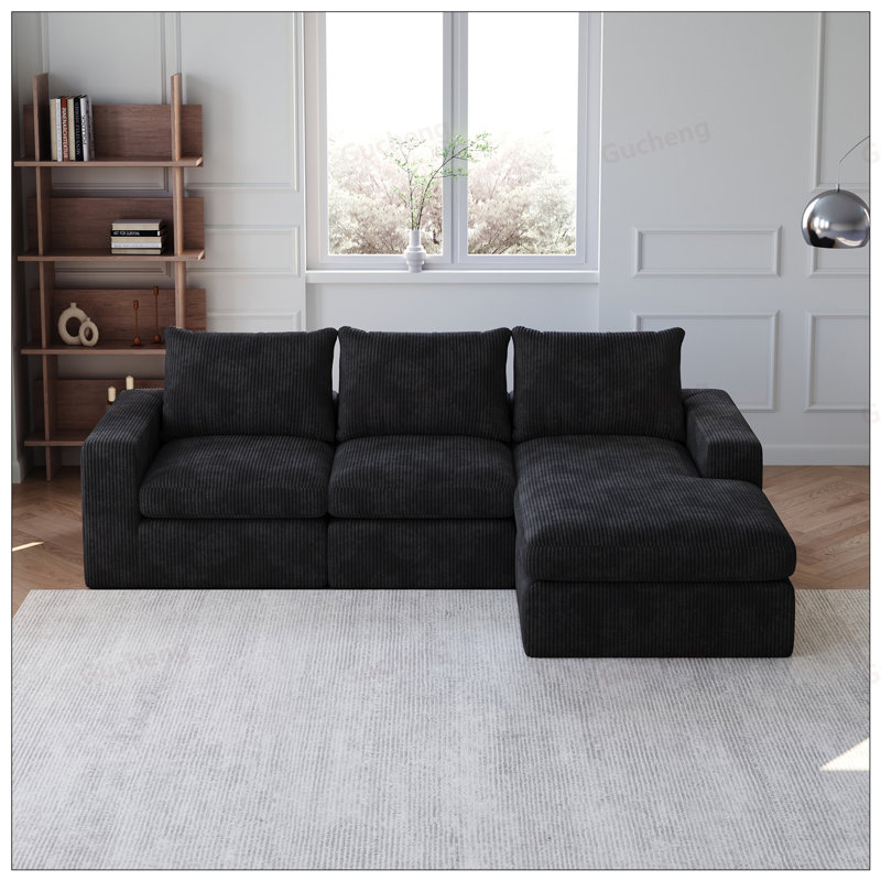 Canapé modulaire en L de 99 po avec méridienne, revêtement en velours côtelé, aucun assemblage requis, comprend trois coussins pour plus de confort et de style