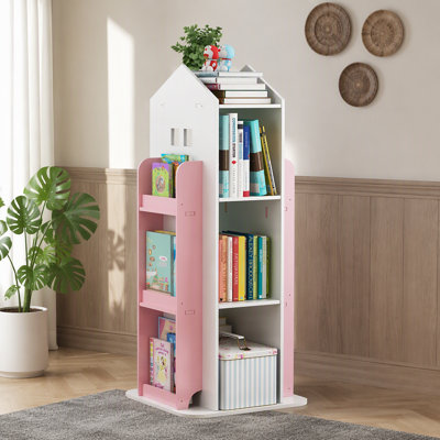 Bibliothèque rotative à 4 niveaux, bibliothèque à 360 degrés, bibliothèque sur pied, bibliothèque pour enfants pour chambre à coucher, salon, salle d'étude, rose